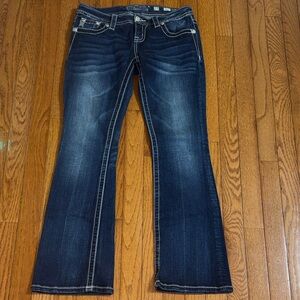 Miss Me Dark Blue Flare Jeans with Contrast Stitching